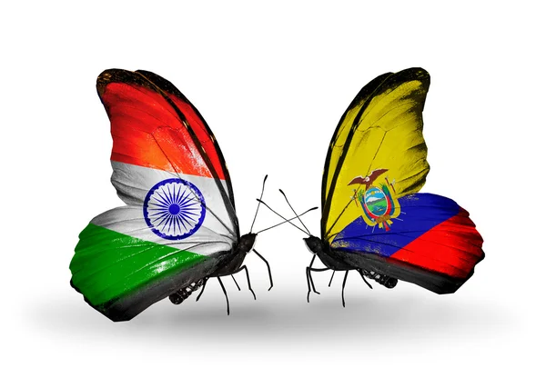 İki kanat bayrakları ile ilişkileri sembolü olarak Hindistan ve Ekvador kelebekler — Stok fotoğraf