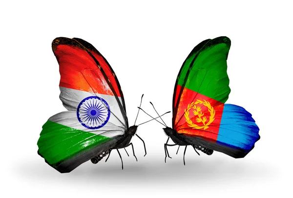 Two butterflies with flags on wings as symbol of relations India and Eritrea — Stock Photo, Image