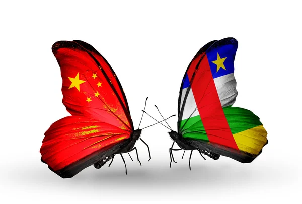 Two butterflies with flags on wings as symbol of relations China and CAR — Stock Photo, Image