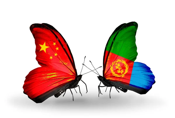 Two butterflies with flags on wings as symbol of relations China and Eritrea — Stock Photo, Image