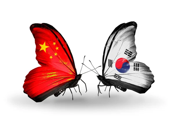 Due farfalle con bandiere sulle ali come simbolo delle relazioni Cina e Corea del Sud — Foto Stock