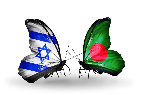 Dwa motyle z flagami na skrzydłach jako symbol stosunków Izraela i Bangladeszu — Zdjęcie stockowe