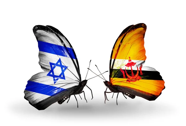 Duas borboletas com bandeiras nas asas como símbolo das relações Israel e Brunei — Fotografia de Stock