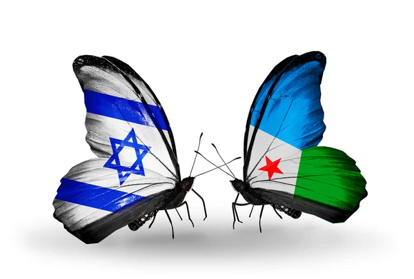 Due farfalle con bandiere sulle ali come simbolo delle relazioni Israele e Gibuti — Foto Stock