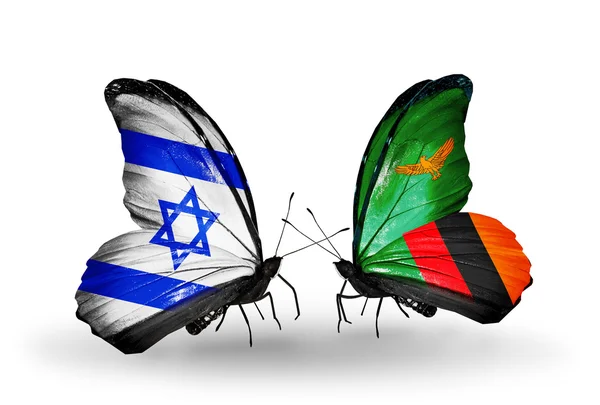 Dva motýli s příznaky na křídlech jako symbol vztahů Izraele a Zambie — Stock fotografie