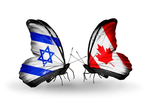 Two butterflies with flags on wings as symbol of relations Israel and Canada — Stock Photo, Image