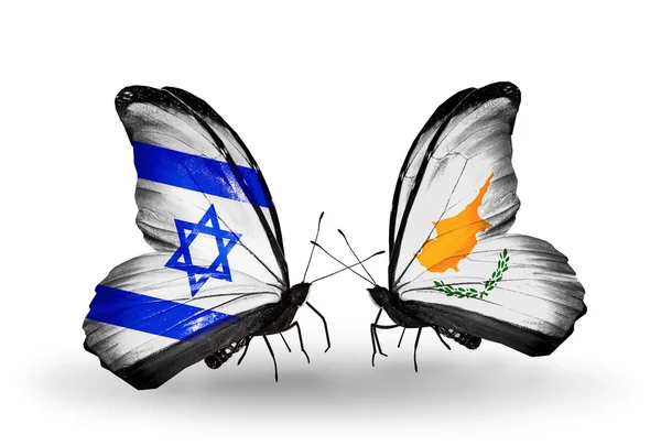 Two butterflies with flags on wings as symbol of relations Israel and Cyprus — Stock Photo, Image