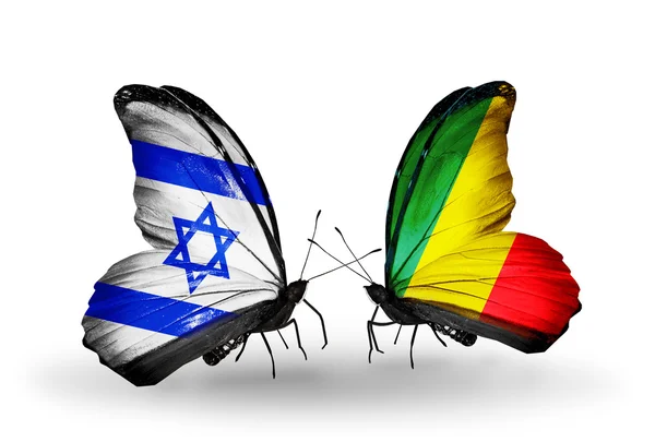 Two butterflies with flags on wings as symbol of relations Israel and Kongo — Stock Photo, Image
