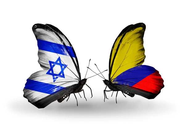 Due farfalle con bandiere sulle ali come simbolo delle relazioni Israele e Colombia — Foto Stock