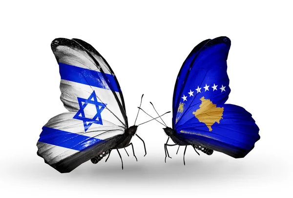 Two butterflies with flags on wings as symbol of relations Israel and Kosovo — Stock Photo, Image