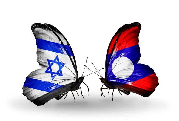 Two butterflies with flags on wings as symbol of relations Israel and Laos — Stock Photo, Image