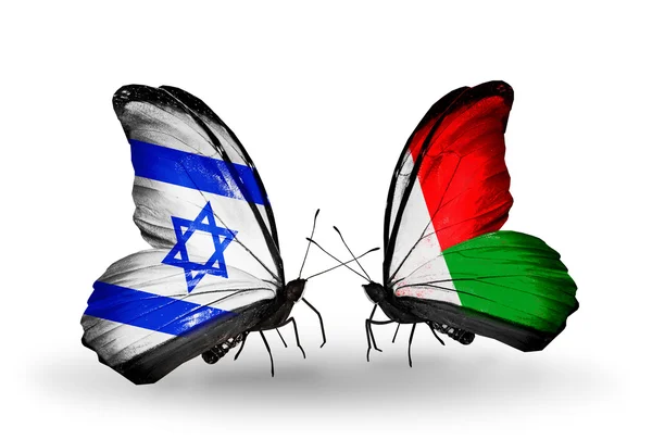 Two butterflies with flags on wings as symbol of relations Israel and Madagascar — Stock Photo, Image