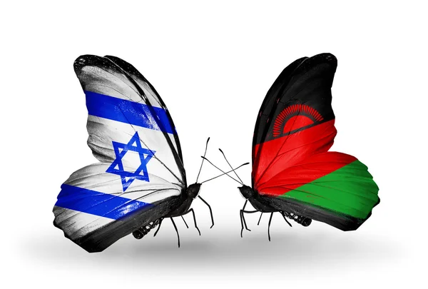 Dva motýli s příznaky na křídlech jako symbol vztahů Izraele a malawi — Stock fotografie