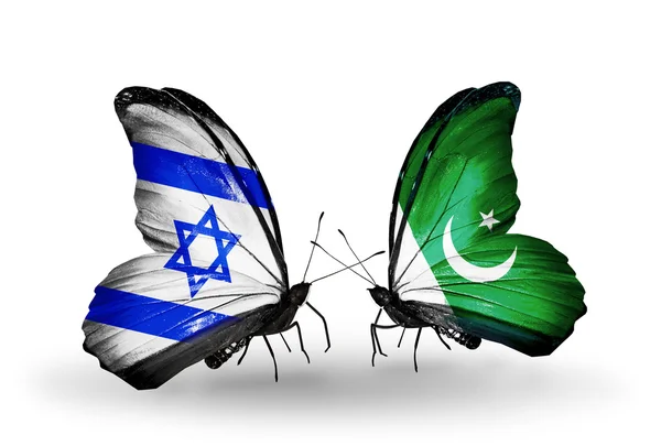 Due farfalle con bandiere sulle ali come simbolo delle relazioni Israele e Pakistan — Foto Stock