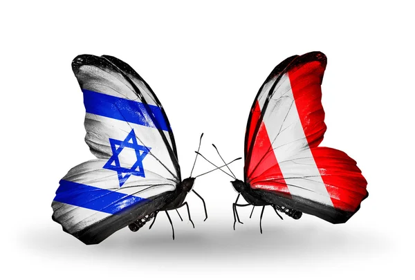 Two butterflies with flags on wings as symbol of relations Israel and Peru — Stock Photo, Image