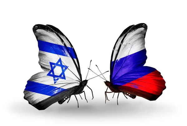 Two butterflies with flags on wings as symbol of relations Israel and Russia — Stock Photo, Image