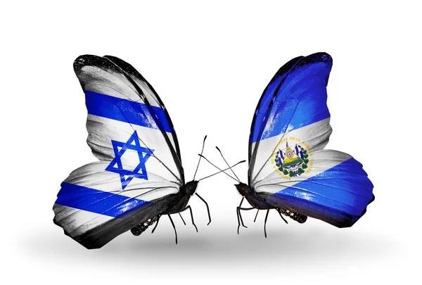 Two butterflies with flags on wings as symbol of relations Israel and Salvador — Stock Photo, Image