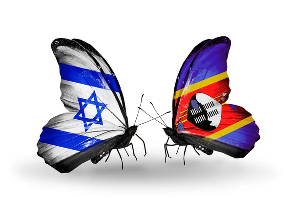 Two butterflies with flags on wings as symbol of relations Israel and Swaziland — Stock Photo, Image