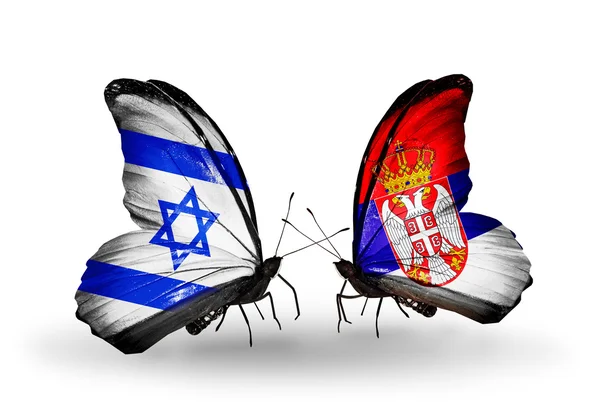 Two butterflies with flags on wings as symbol of relations Israel and Serbia — Stock Photo, Image