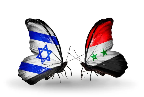 Deux papillons avec des drapeaux sur les ailes comme symbole des relations Israël et la Syrie — Photo
