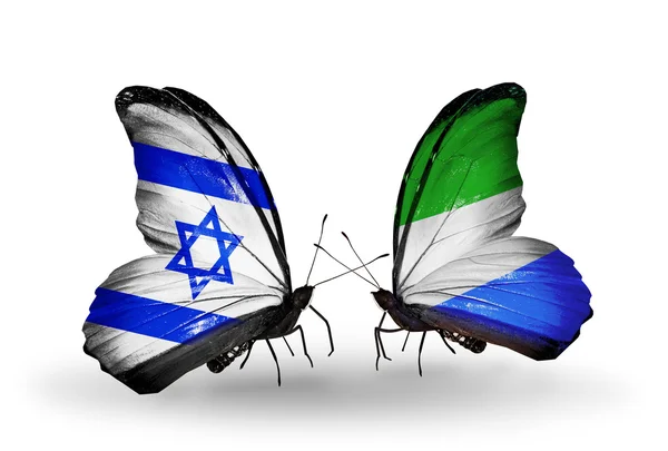 Two butterflies with flags on wings as symbol of relations Israel and Sierra Leone — Stock Photo, Image