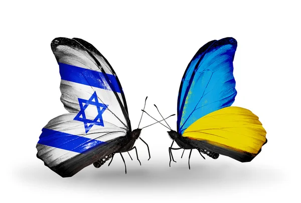 Two butterflies with flags on wings as symbol of relations Israel and Ukraine — Stock Photo, Image