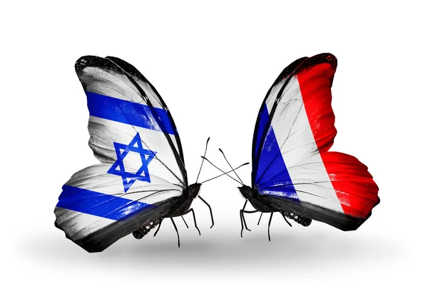 Two butterflies with flags on wings as symbol of relations Israel and France — Stock Photo, Image