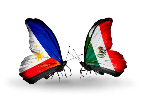 Two butterflies with flags on wings as symbol of relations Philippines and Mexico — Stock Photo, Image