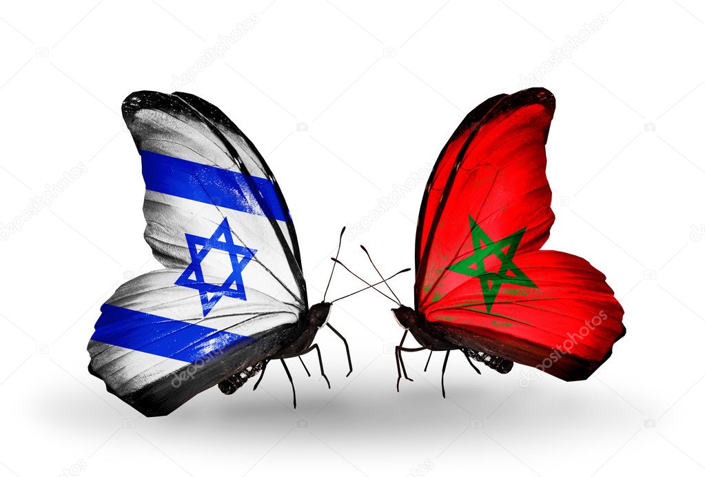 Two butterflies with flags on wings as symbol of relations Israel and Morocco