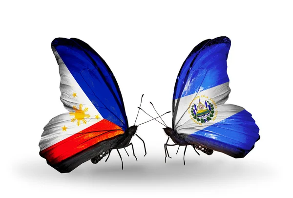 Two butterflies with flags on wings as symbol of relations Philippines and Salvador — Stock Photo, Image
