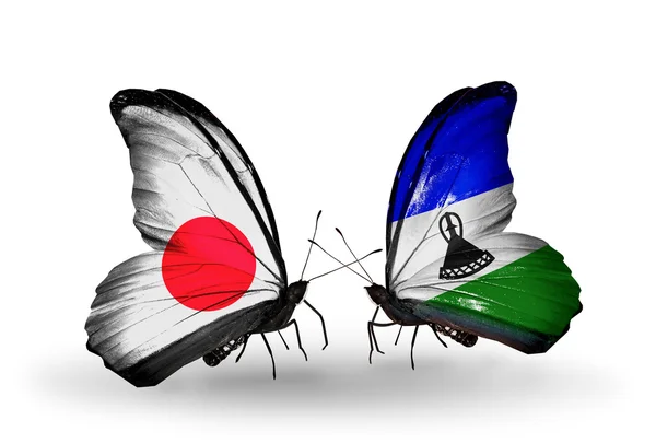 Dva motýli s příznaky na křídlech jako symbol vztahy Japonska a lesotho — Stock fotografie