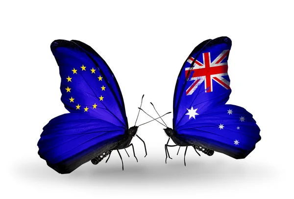 Two butterflies with flags on wings as symbol of relations EU and Australia — Stock Photo, Image