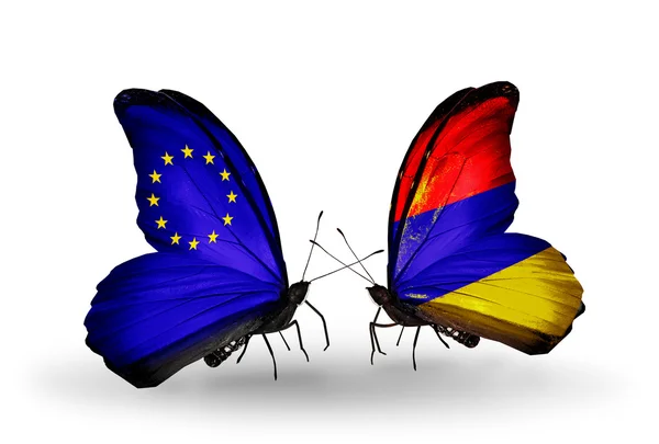 Two butterflies with flags on wings as symbol of relations EU and Armenia — Stock Photo, Image