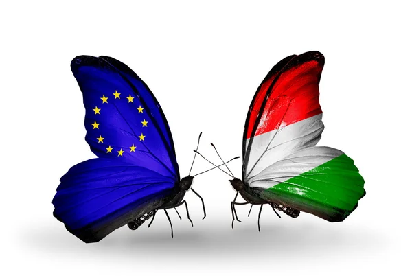 Two butterflies with flags on wings as symbol of relations EU and Hungary — Stock Photo, Image