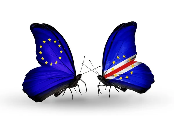 Two butterflies with flags on wings as symbol of relations EU and Cape Verde — Stock Photo, Image