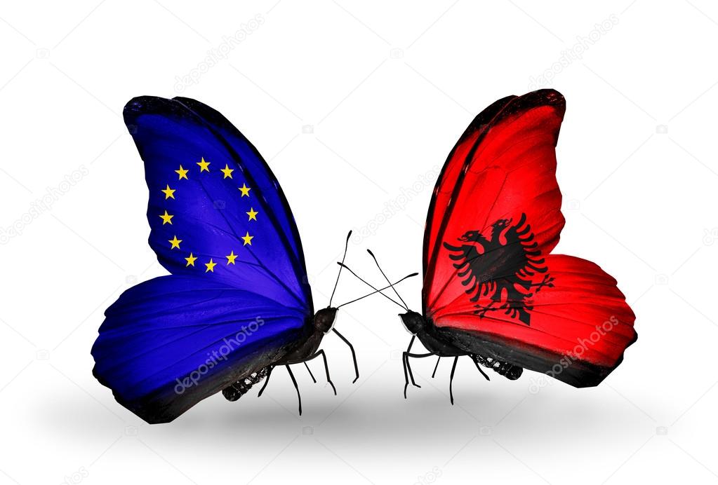 Two butterflies with flags on wings as symbol of relations EU and Albania