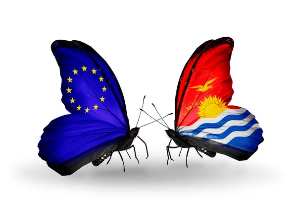 Two butterflies with flags on wings as symbol of relations EU and Kiribati — Stock Photo, Image