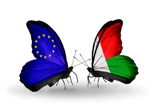 Duas borboletas com bandeiras nas asas como símbolo das relações UE e Madagáscar — Fotografia de Stock