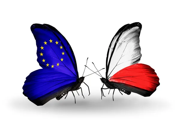 Two butterflies with flags on wings as symbol of relations EU and Poland — Stock Photo, Image