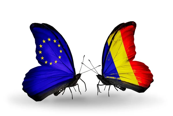 Two butterflies with flags on wings as symbol of relations EU and Chad, Romania — Stock Photo, Image