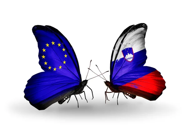 Duas borboletas com bandeiras em asas como símbolo das relações UE e Eslovénia — Fotografia de Stock