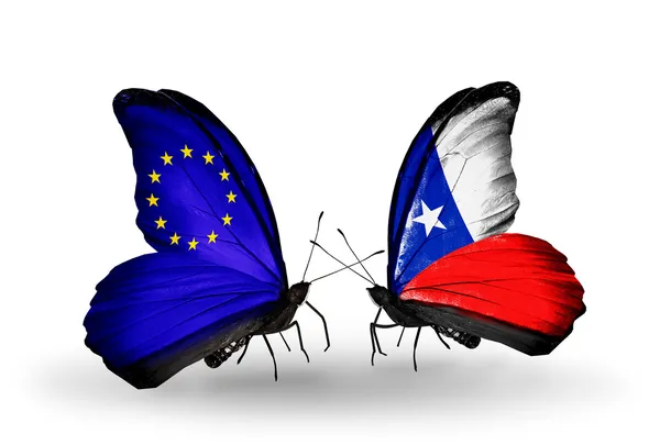 Dva motýli s příznaky na křídlech jako symbol vztahy eu a chile — Stock fotografie