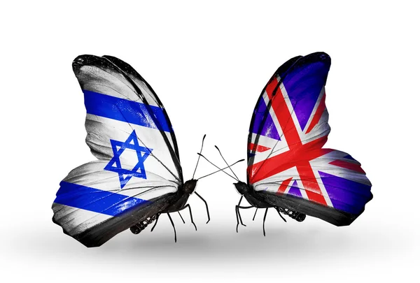 Two butterflies with flags on wings as symbol of relations Israel and UK — Stock Photo, Image