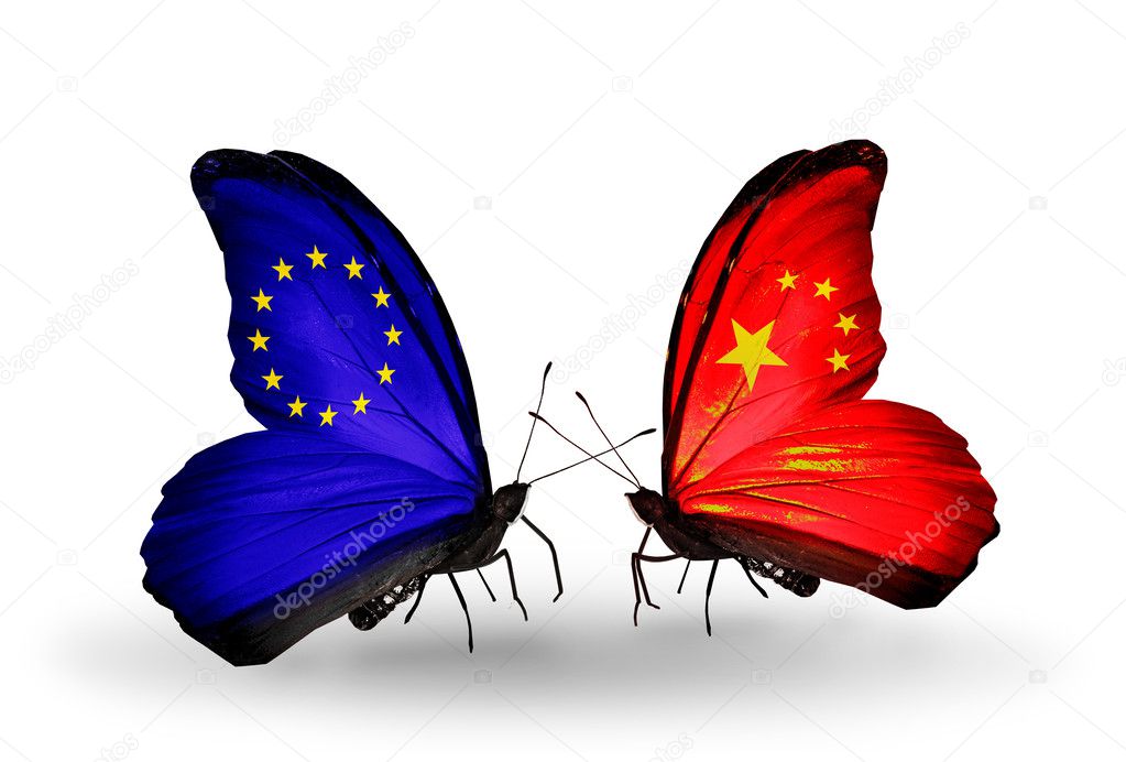 Two butterflies with flags on wings as symbol of relations EU and China