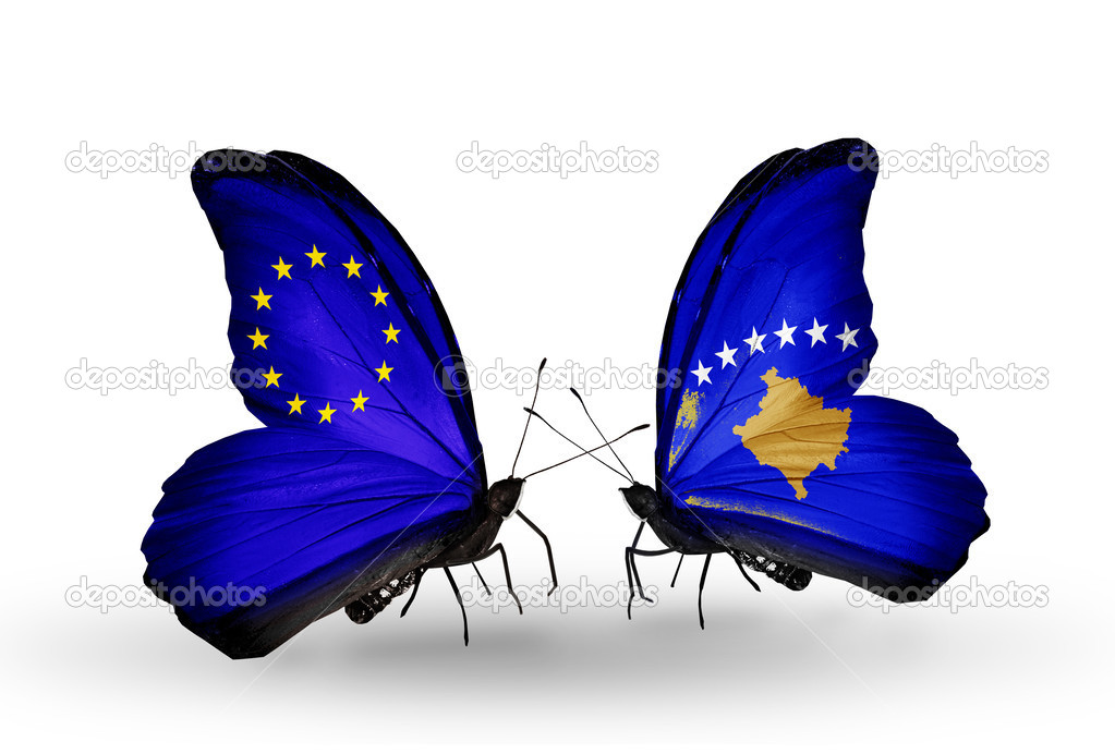 Two butterflies with flags on wings as symbol of relations EU and Kosovo