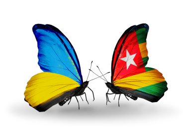 Two butterflies with flags on wings as symbol of relations Ukraine and Togo