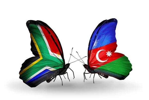 Two butterflies with flags on wings as symbol of relations South Africa and Azerbaijan — Stock Photo, Image