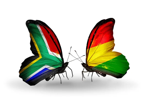 Two butterflies with flags on wings as symbol of relations South Africa and Benin — Stock Photo, Image