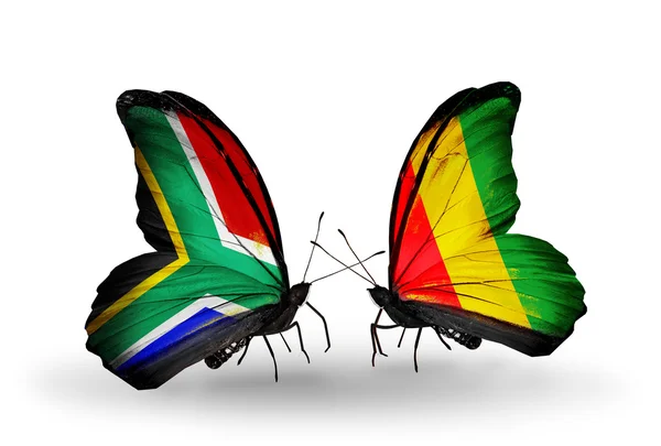 Dos mariposas con banderas en alas como símbolo de las relaciones Sudáfrica y Guinea —  Fotos de Stock