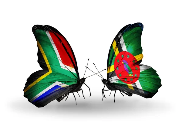 Two butterflies with flags on wings as symbol of relations South Africa and Dominica — Stock Photo, Image